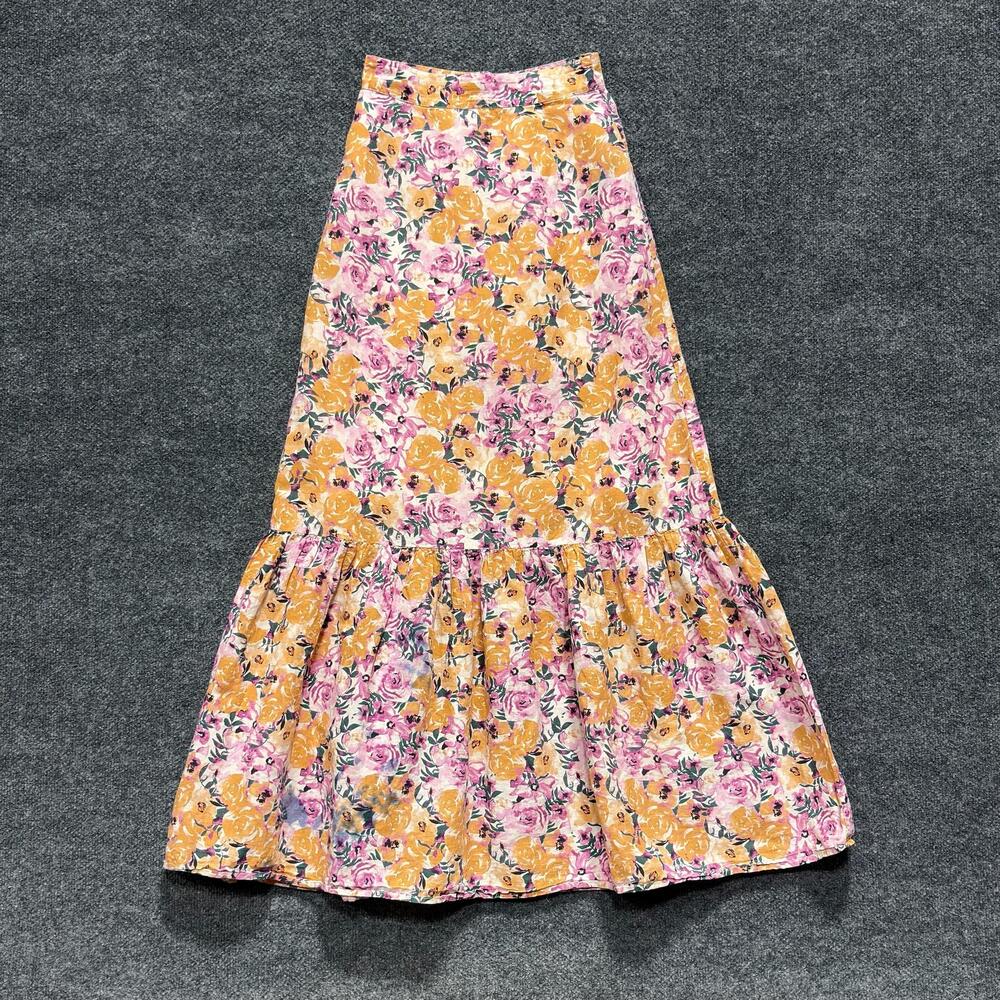 Something Navy Skirt Womens XS Pink Multicolor Floral Linen Maxi Ruffle Trumpet